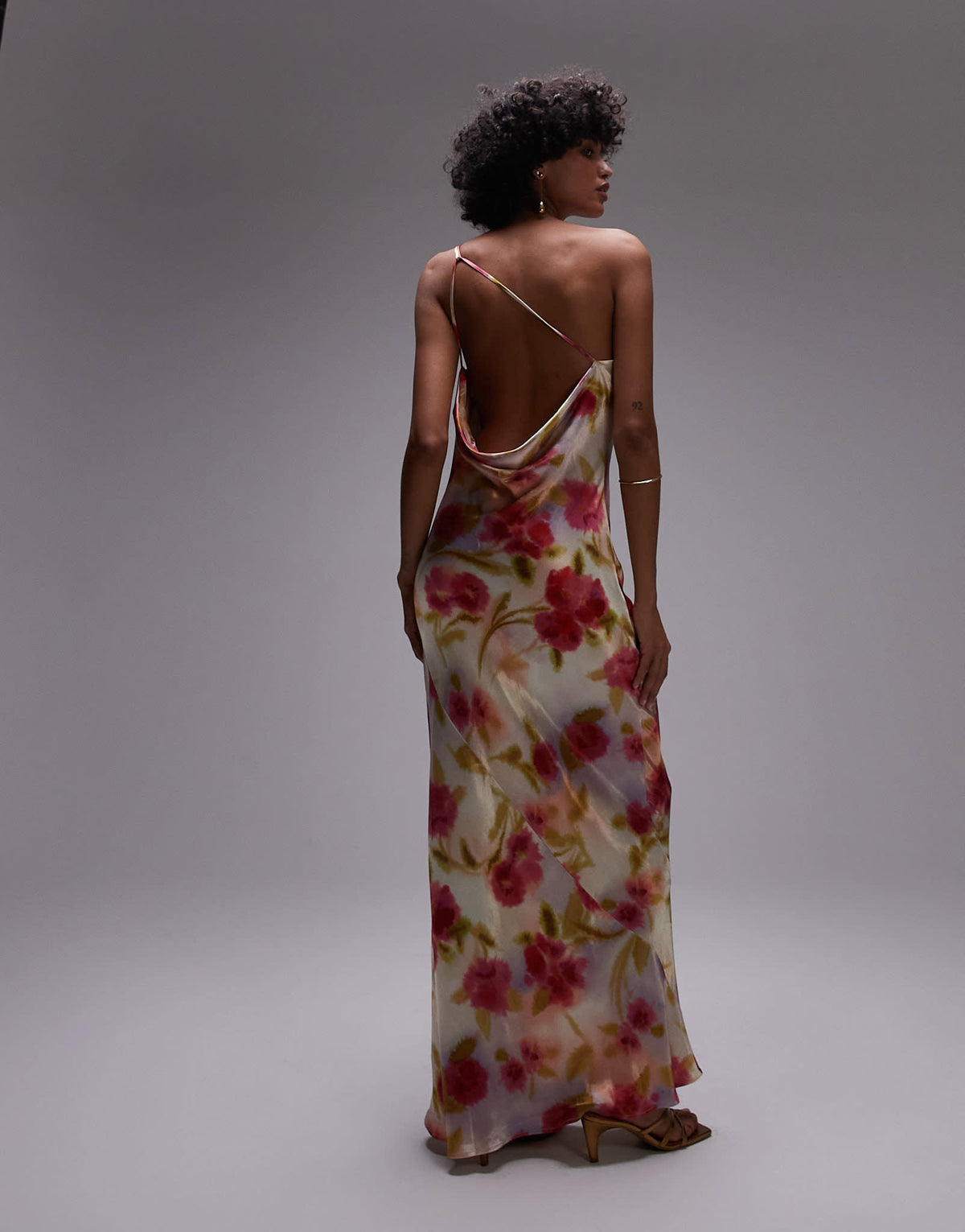 Topshop asymmetric one shoulder open back midi occasion dress in watercolour bloom