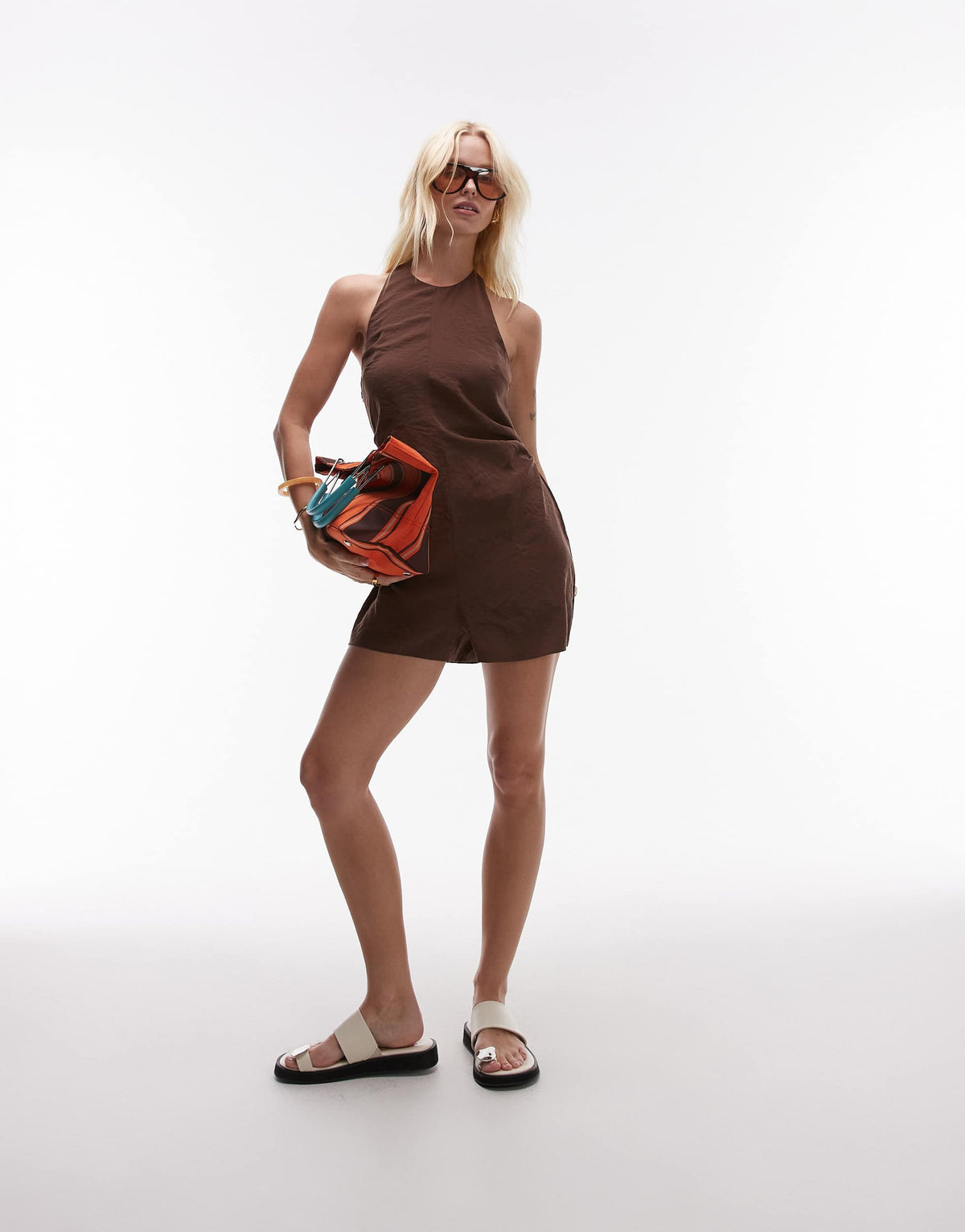 Topshop halterneck playsuit in cupro chocolate