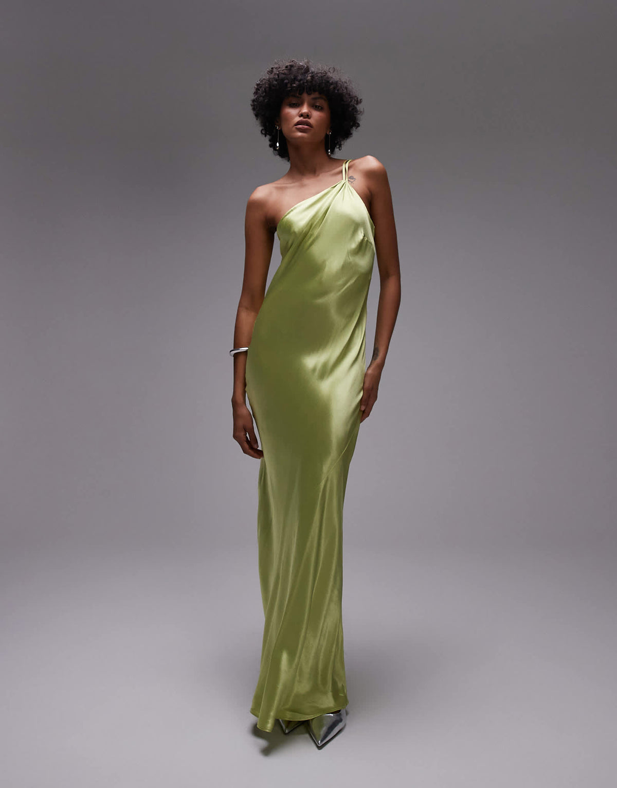 Topshop asymmetric one shoulder open back midi occasion dress in lime satin