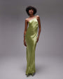 Topshop asymmetric one shoulder open back midi occasion dress in lime satin