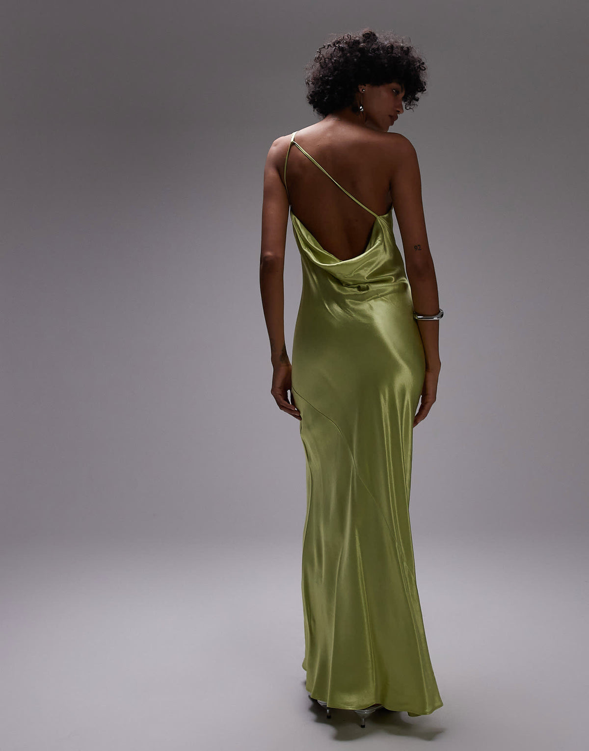 Topshop asymmetric one shoulder open back midi occasion dress in lime satin