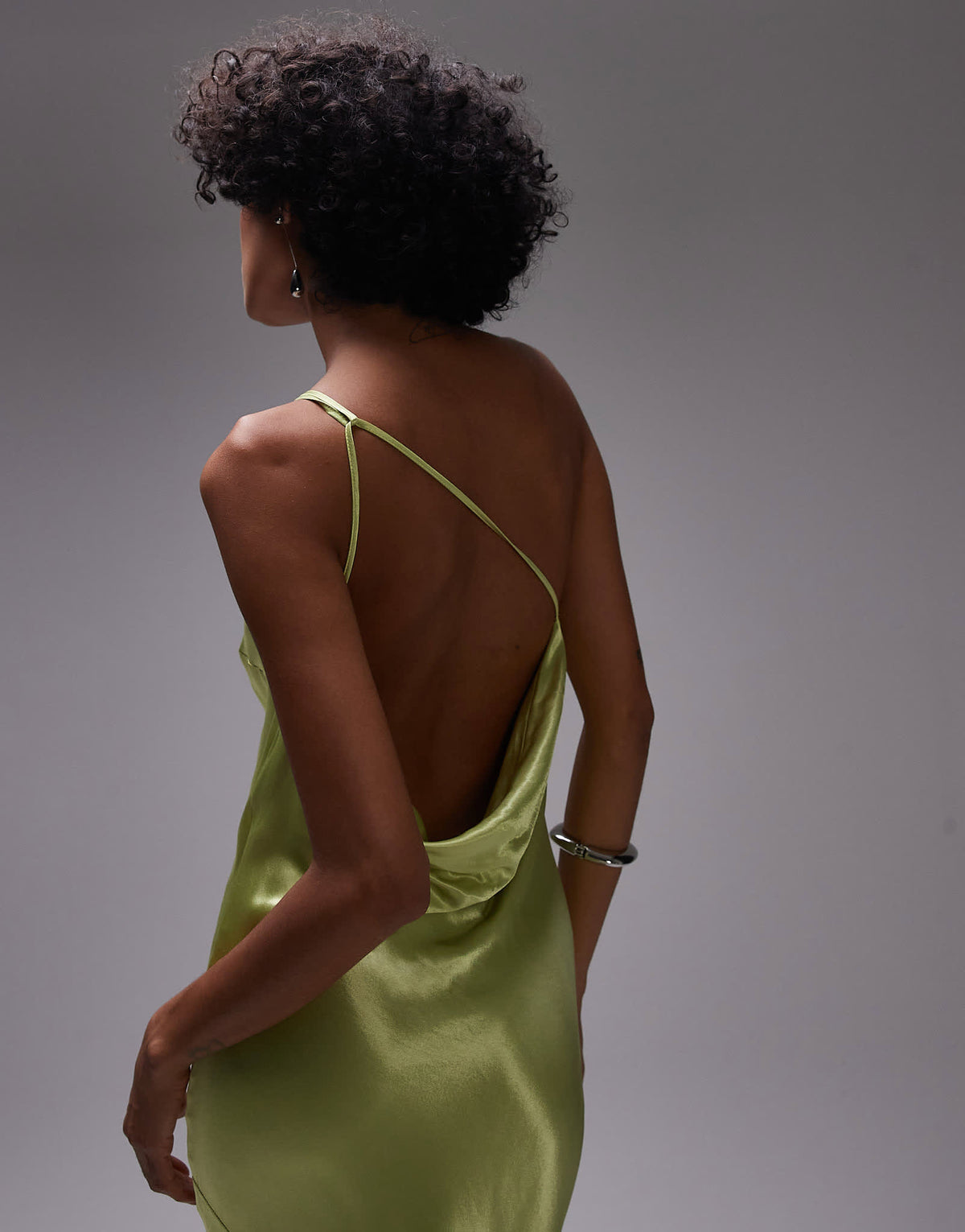 Topshop asymmetric one shoulder open back midi occasion dress in lime satin