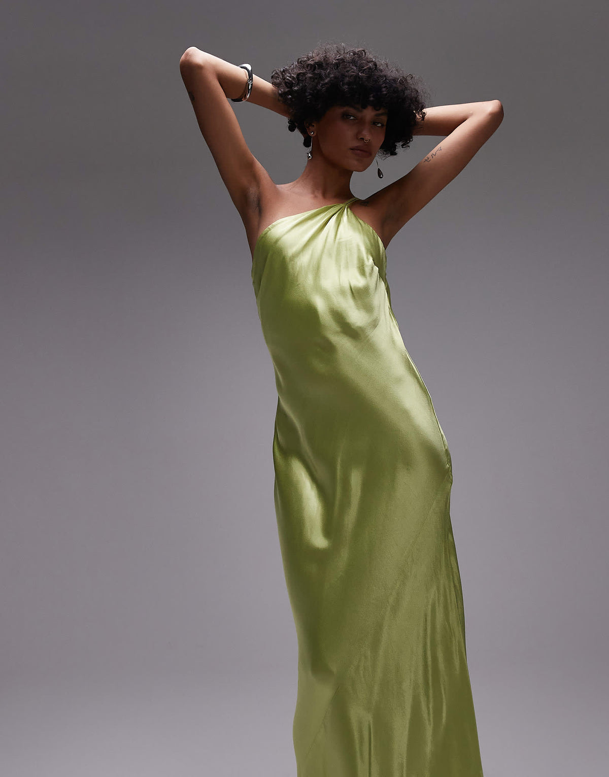 Topshop asymmetric one shoulder open back midi occasion dress in lime satin