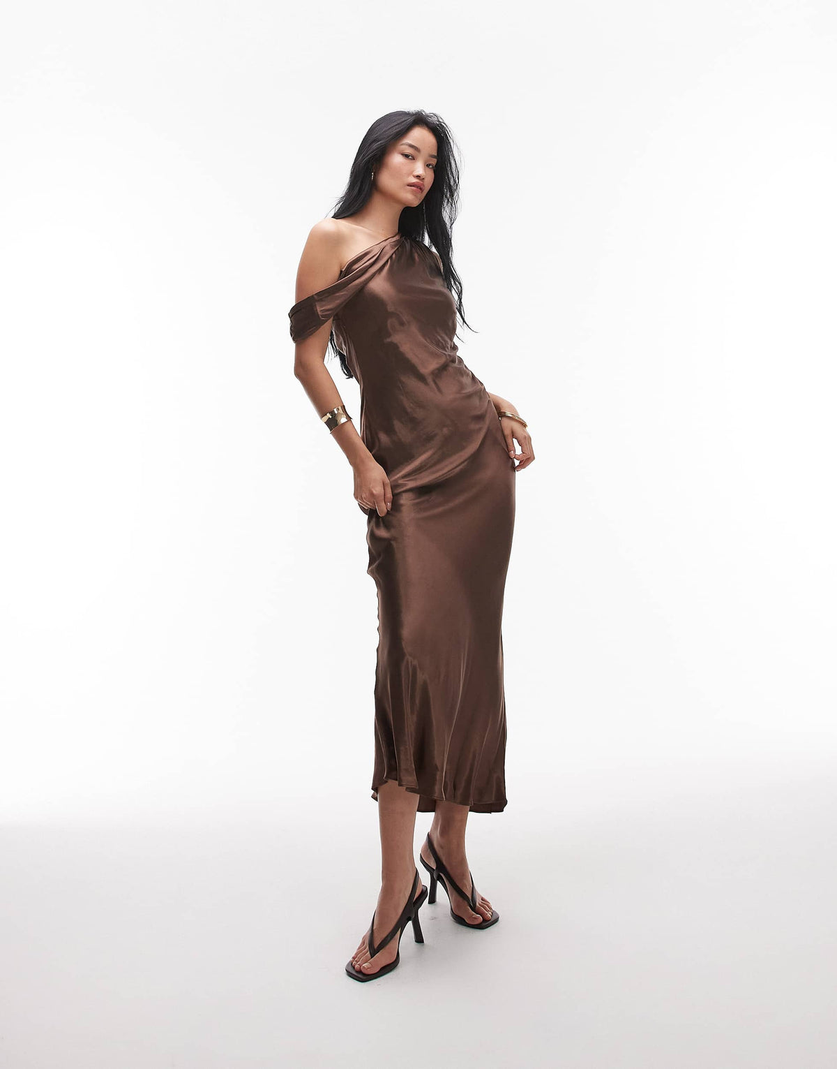 Topshop drape neck off shoulder midi occasion dress in chocolate