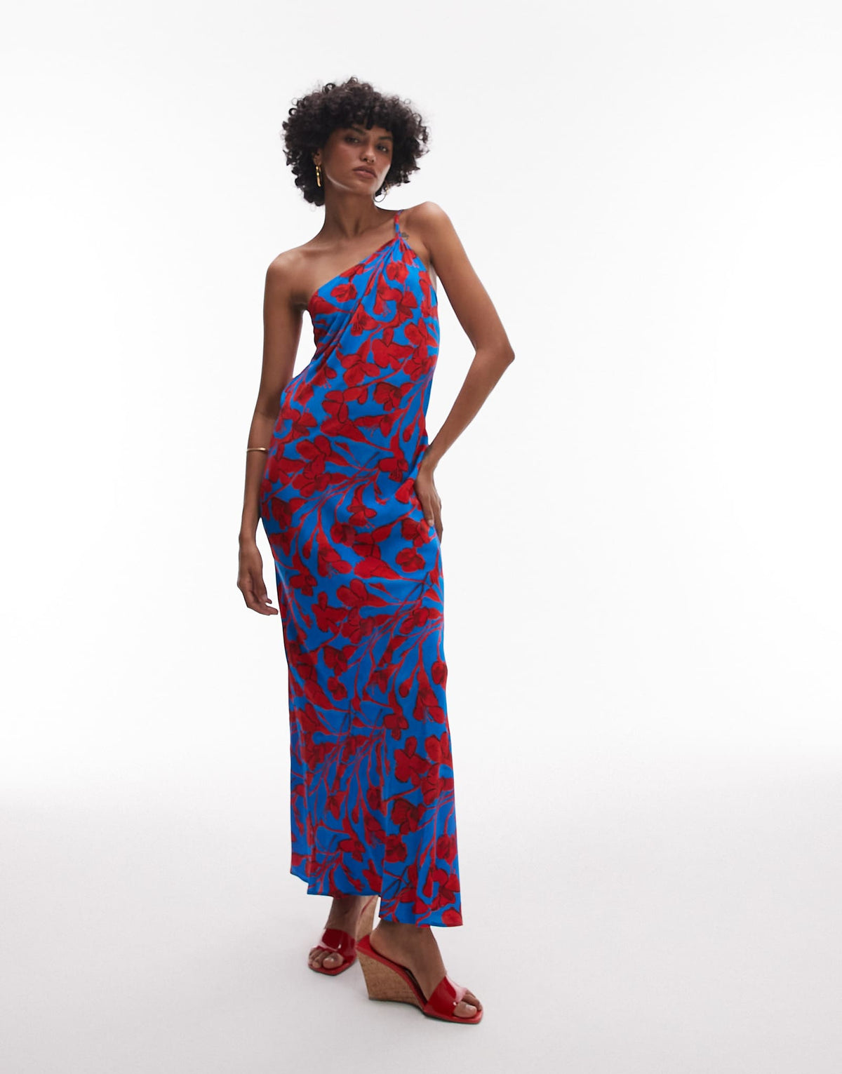 Topshop asymmetric one shoulder open back midi occasion dress in bold red and blue floral