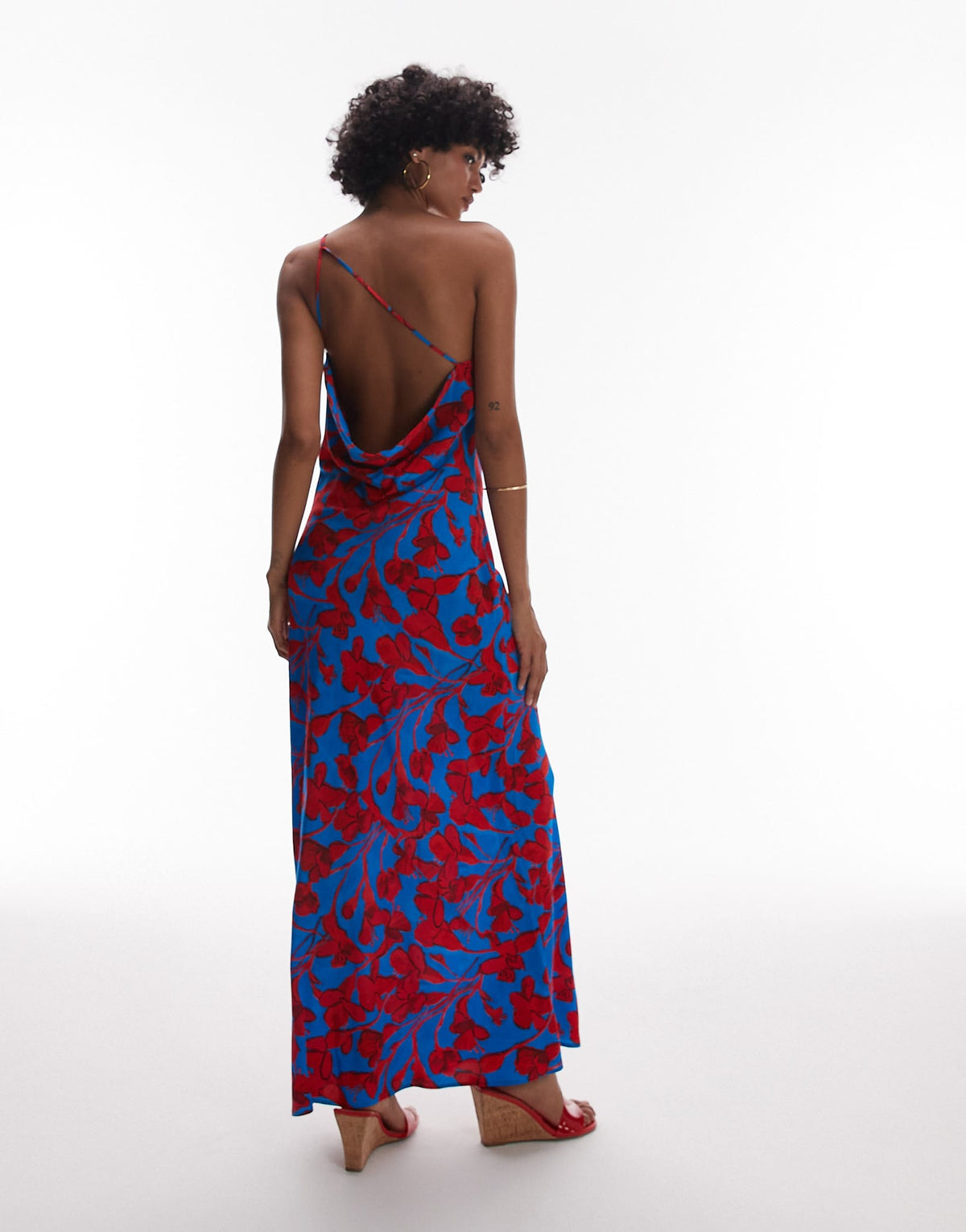 Topshop asymmetric one shoulder open back midi occasion dress in bold red and blue floral