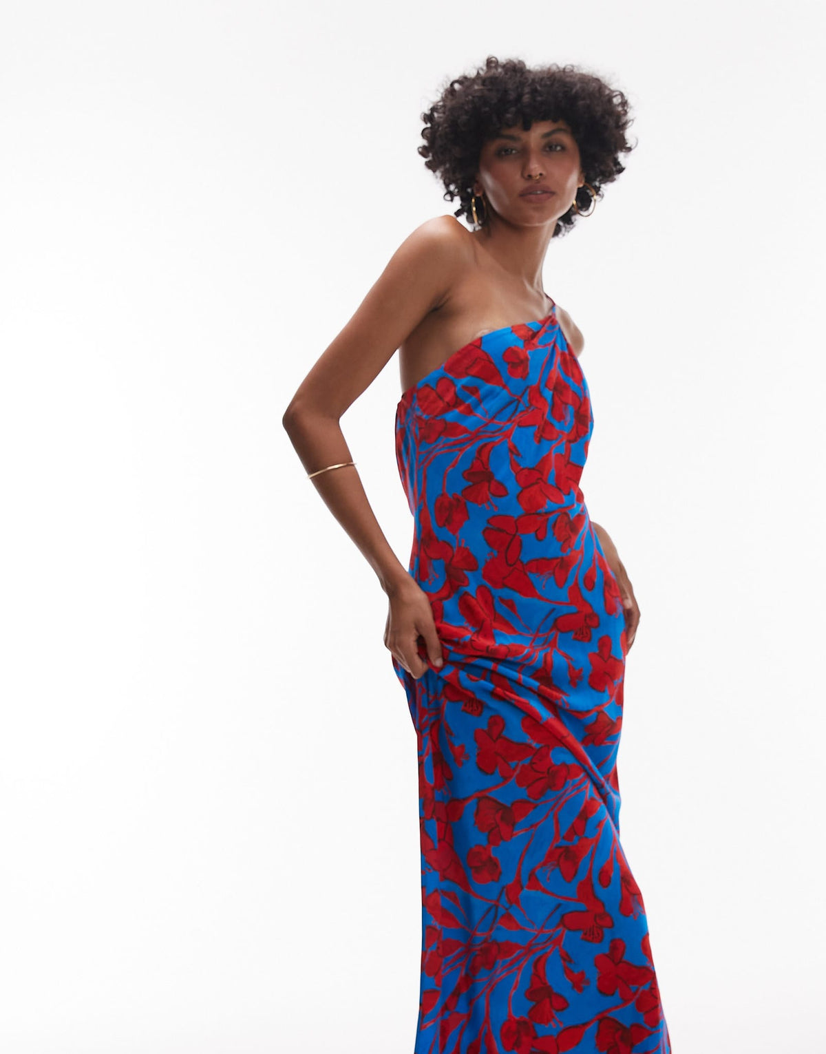 Topshop asymmetric one shoulder open back midi occasion dress in bold red and blue floral