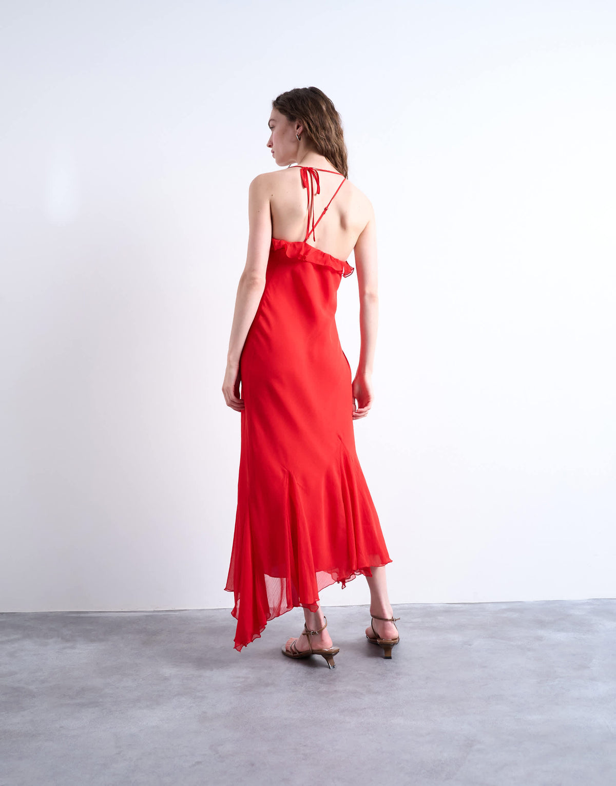 Topshop godet hem occasion midi dress in red chiffon