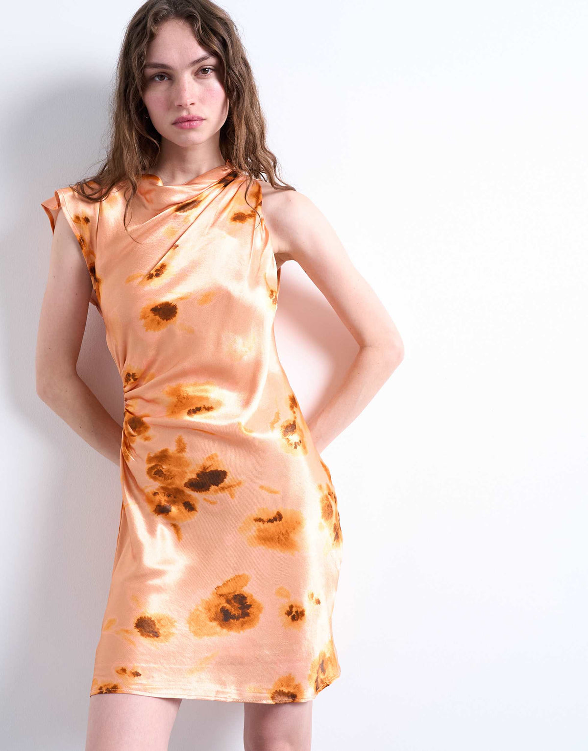 Topshop grown one shoulder ruched waist mini dress in print
