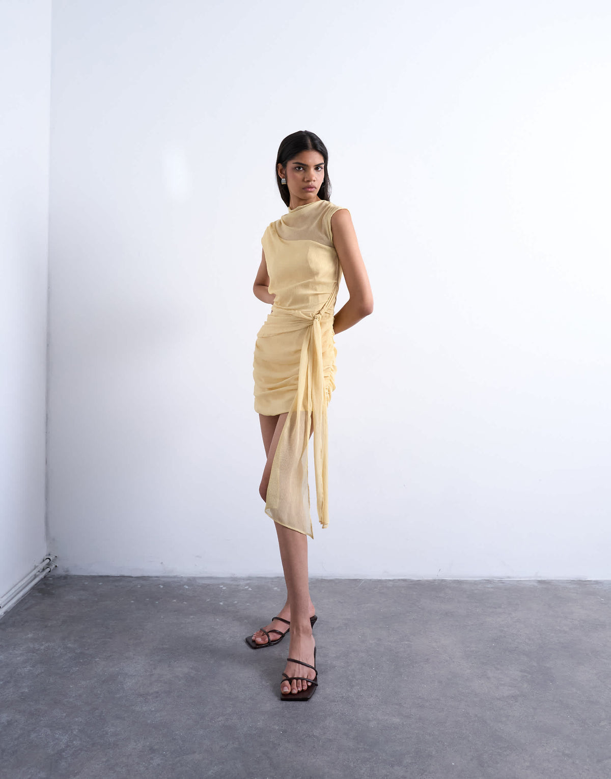 Topshop grown on shoulder chiffon mini dress with sash in textured buttermilk