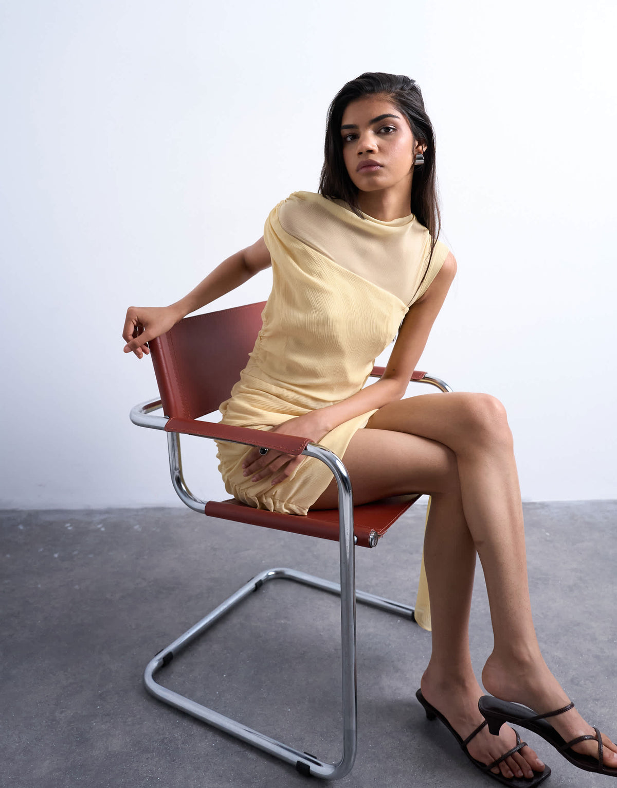 Topshop grown on shoulder chiffon mini dress with sash in textured buttermilk
