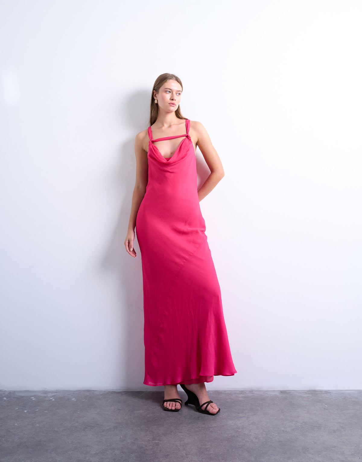 Topshop knot neck deep cowl occasion midi in fushcia pink