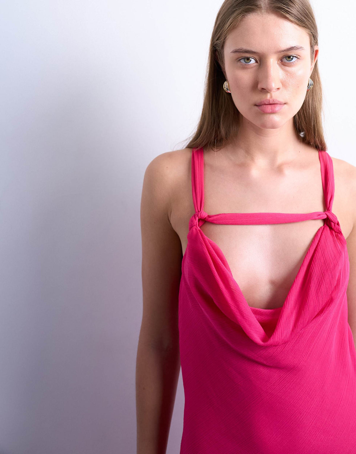 Topshop knot neck deep cowl occasion midi in fushcia pink