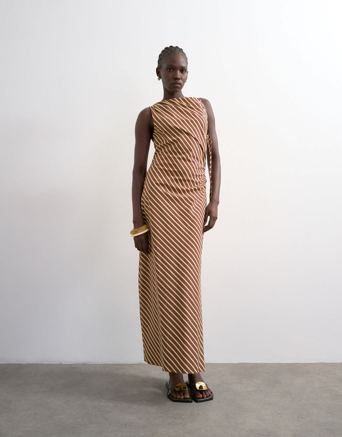 Topshop ruched side gathered shoulder midi dress in brown lime stripe