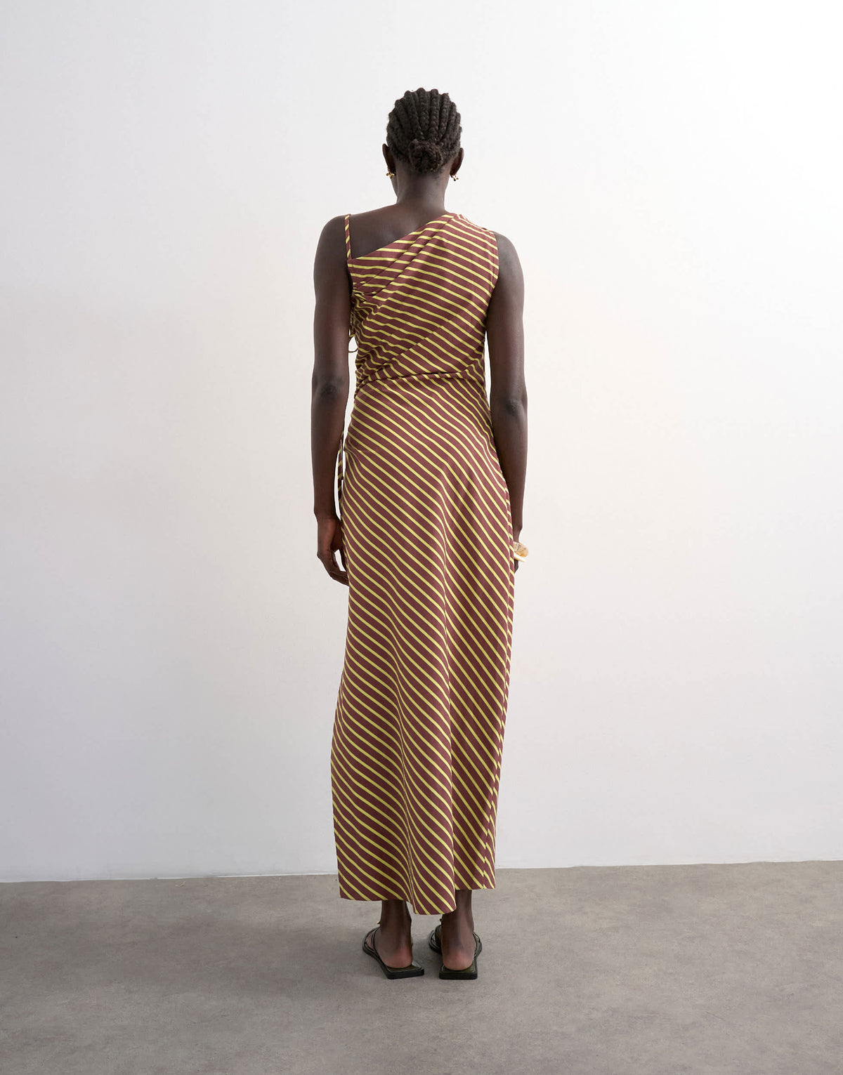 Topshop ruched side gathered shoulder midi dress in brown lime stripe
