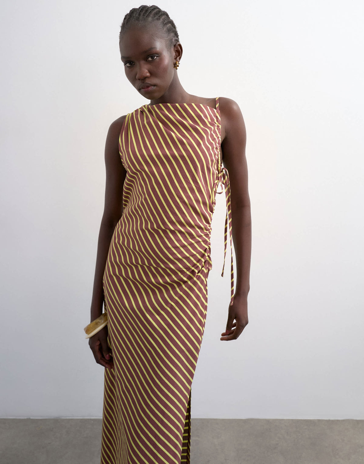 Topshop ruched side gathered shoulder midi dress in brown lime stripe