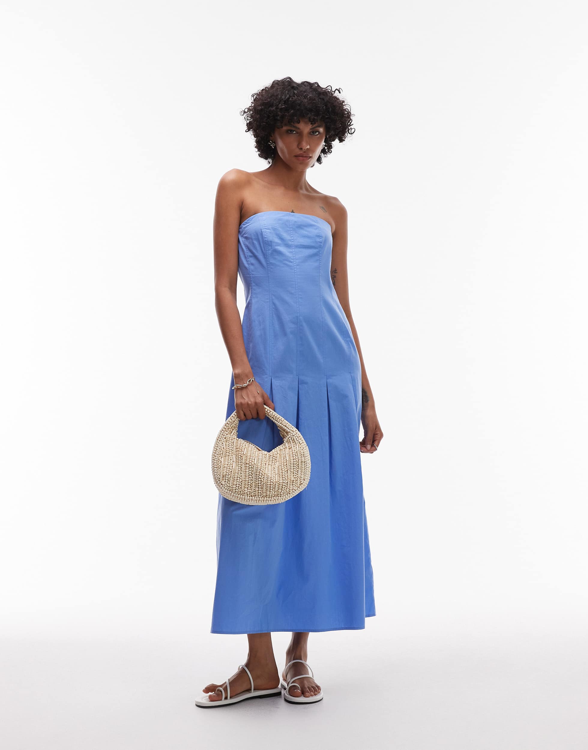 Topshop seamed detail midi bandeau dress in dusty blue