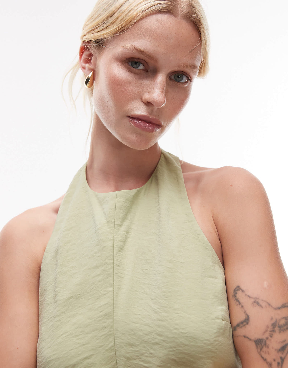 Topshop halterneck playsuit in cupro olive
