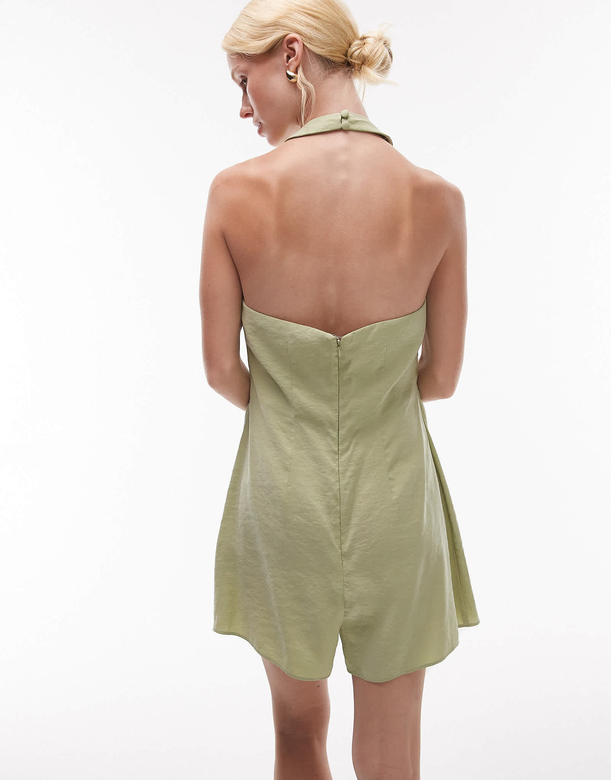 Topshop halterneck playsuit in cupro olive