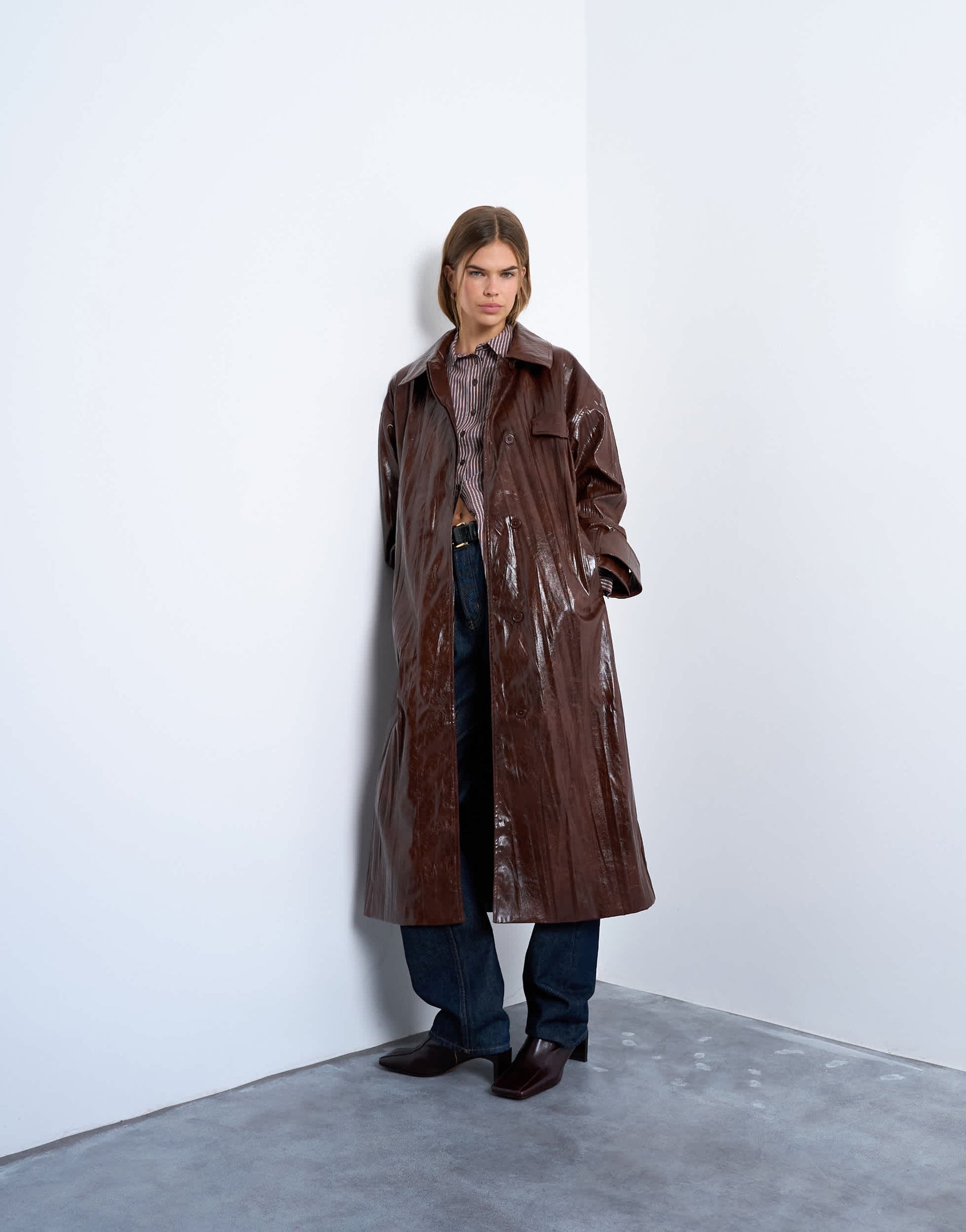 Topshop faux leather high shine trench coat in washed brown