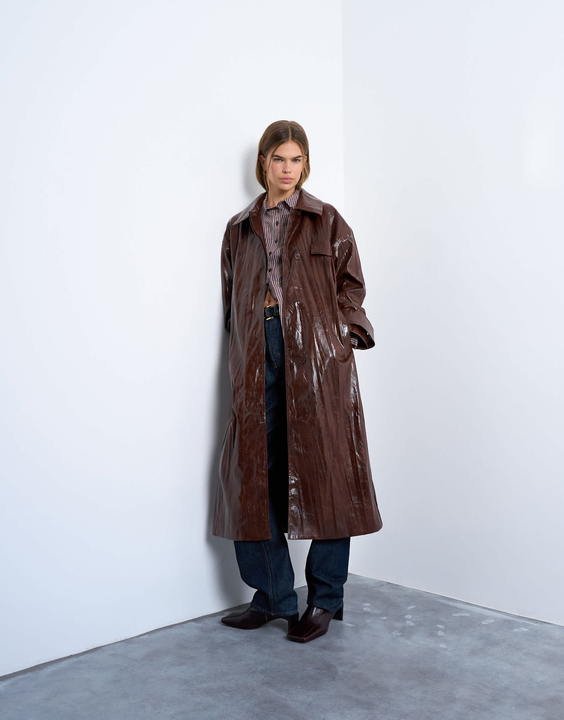 Topshop faux leather high shine trench coat in washed brown
