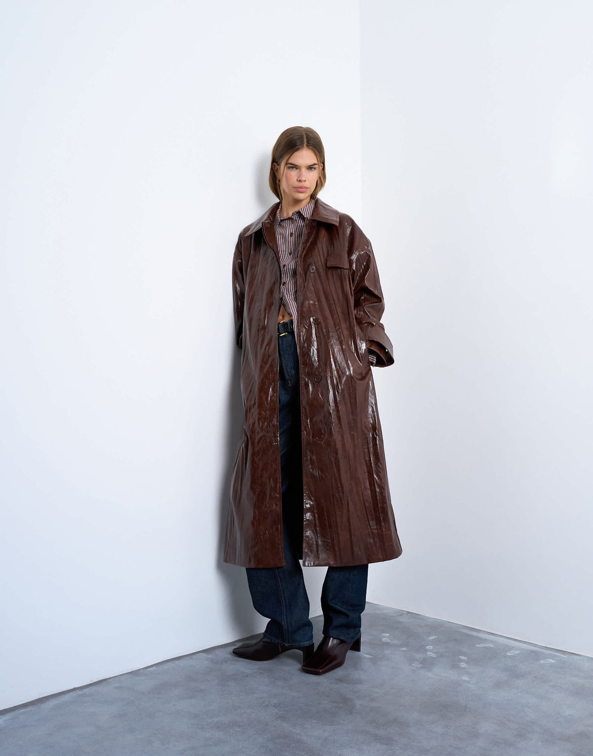 Topshop faux leather high shine trench coat in washed brown