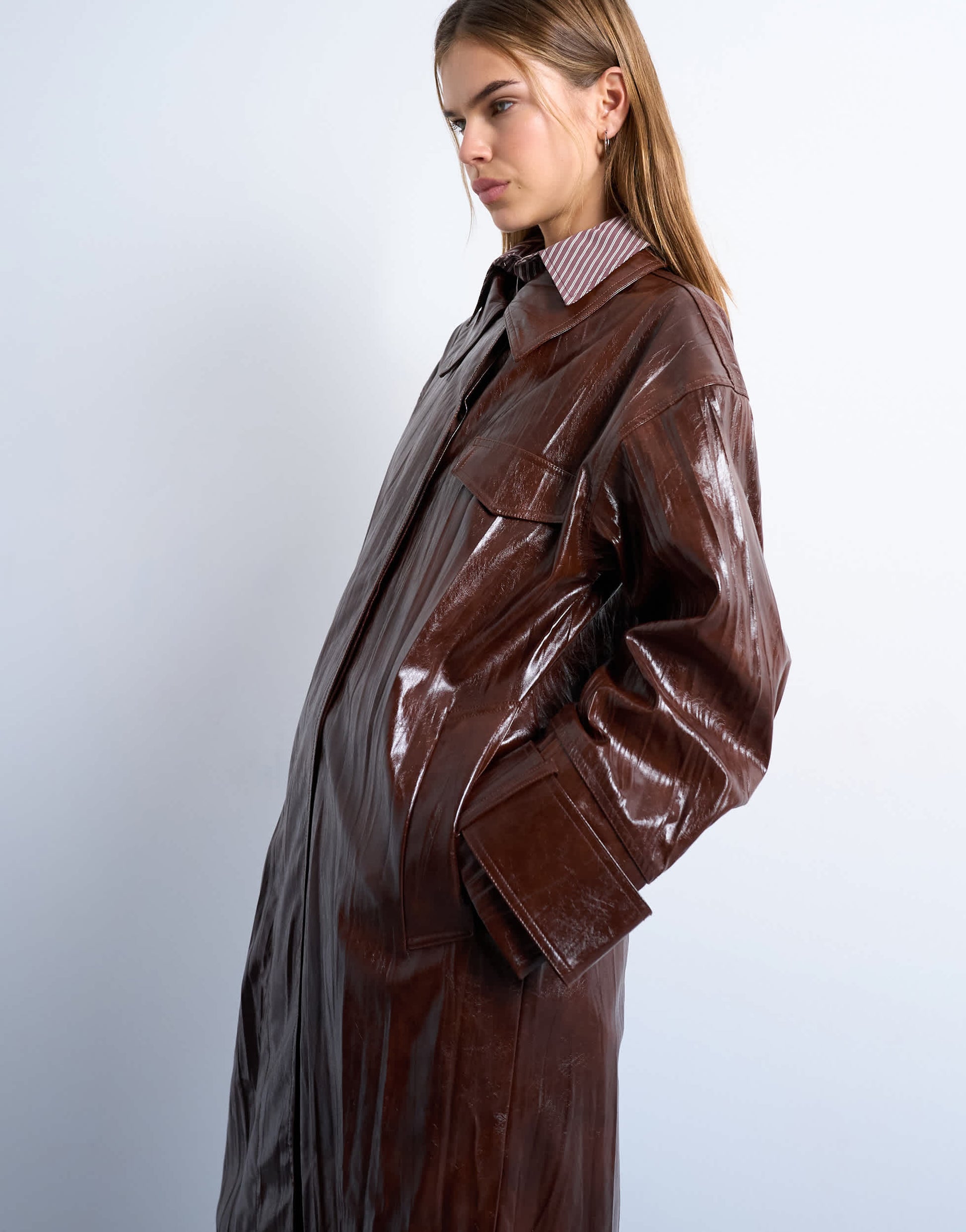Topshop faux leather high shine trench coat in washed brown