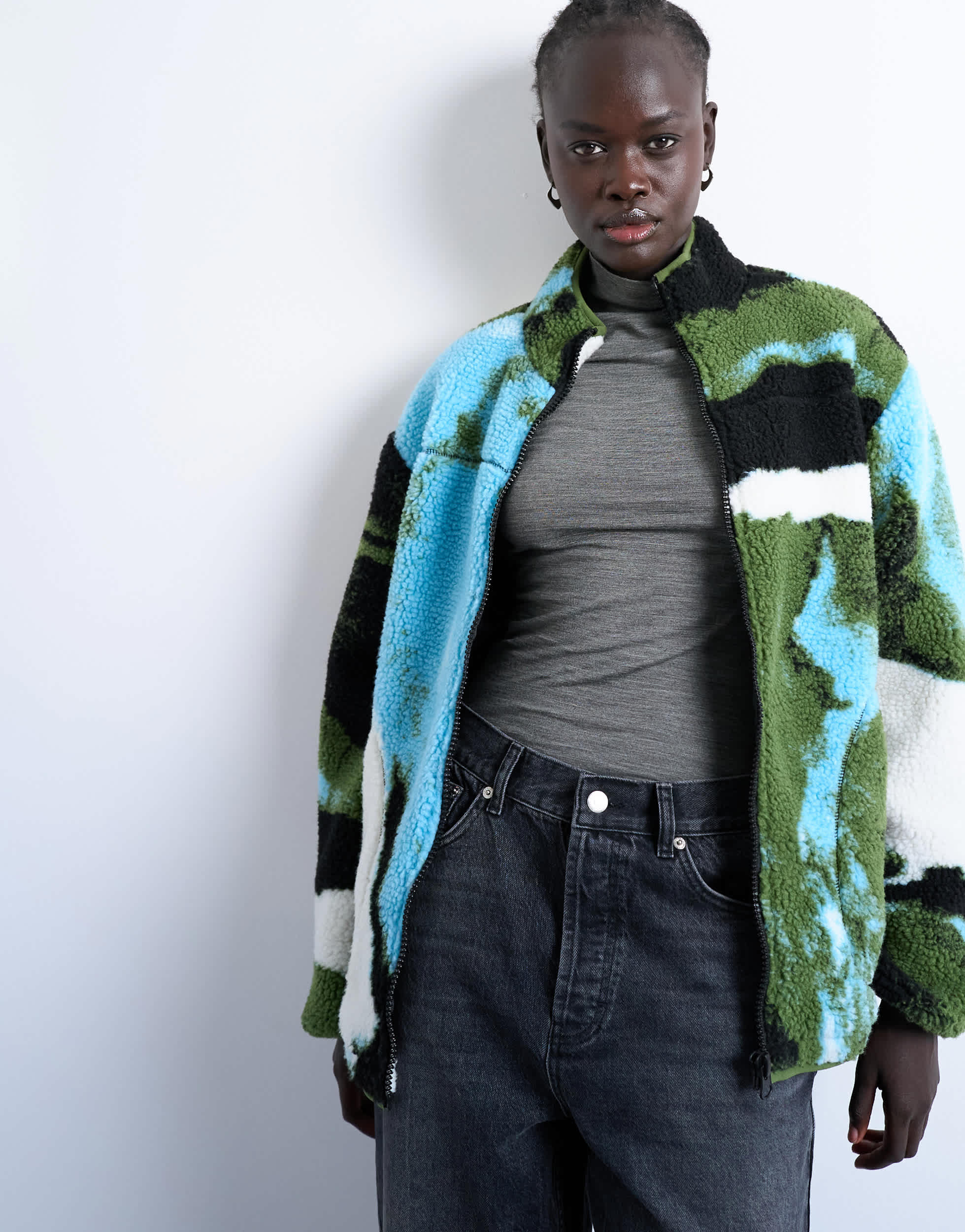 Topshop abstract trend printed borg fleece jacket in multi