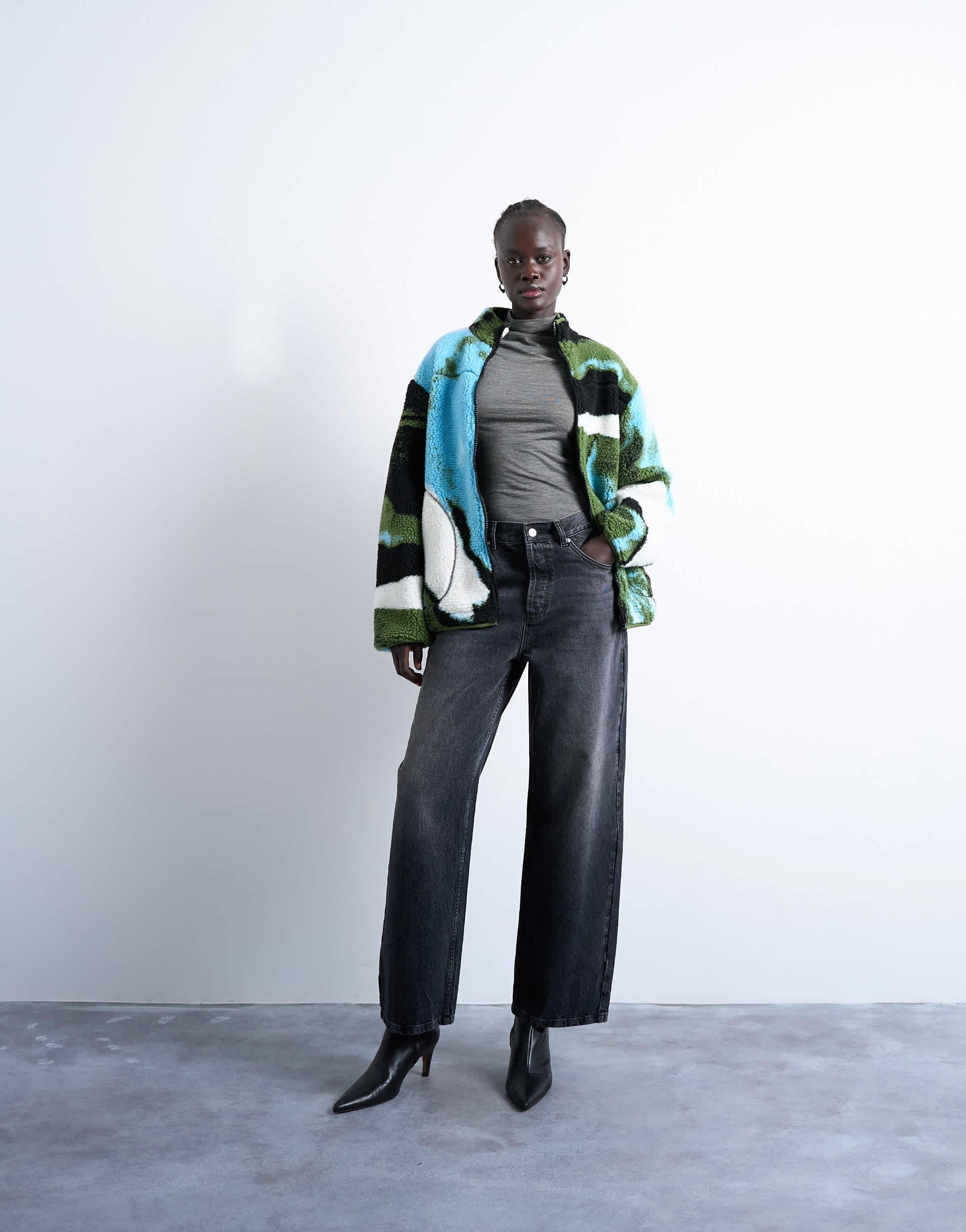 Topshop abstract trend printed borg fleece jacket in multi