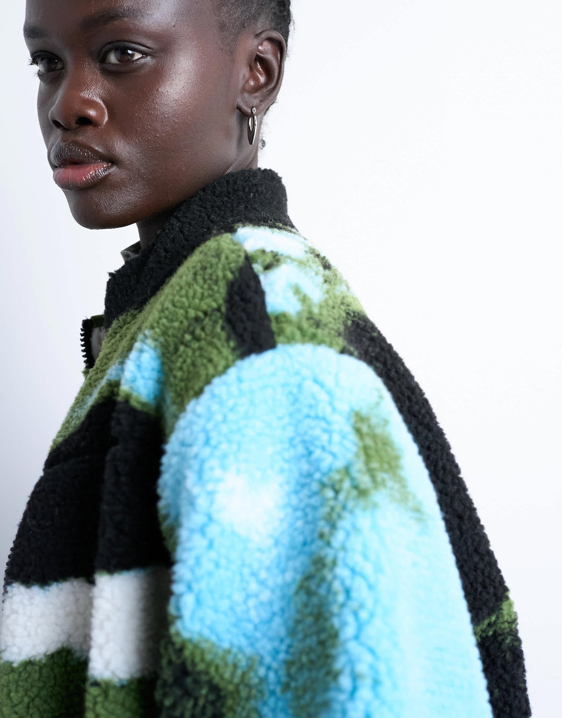 Topshop abstract trend printed borg fleece jacket in multi