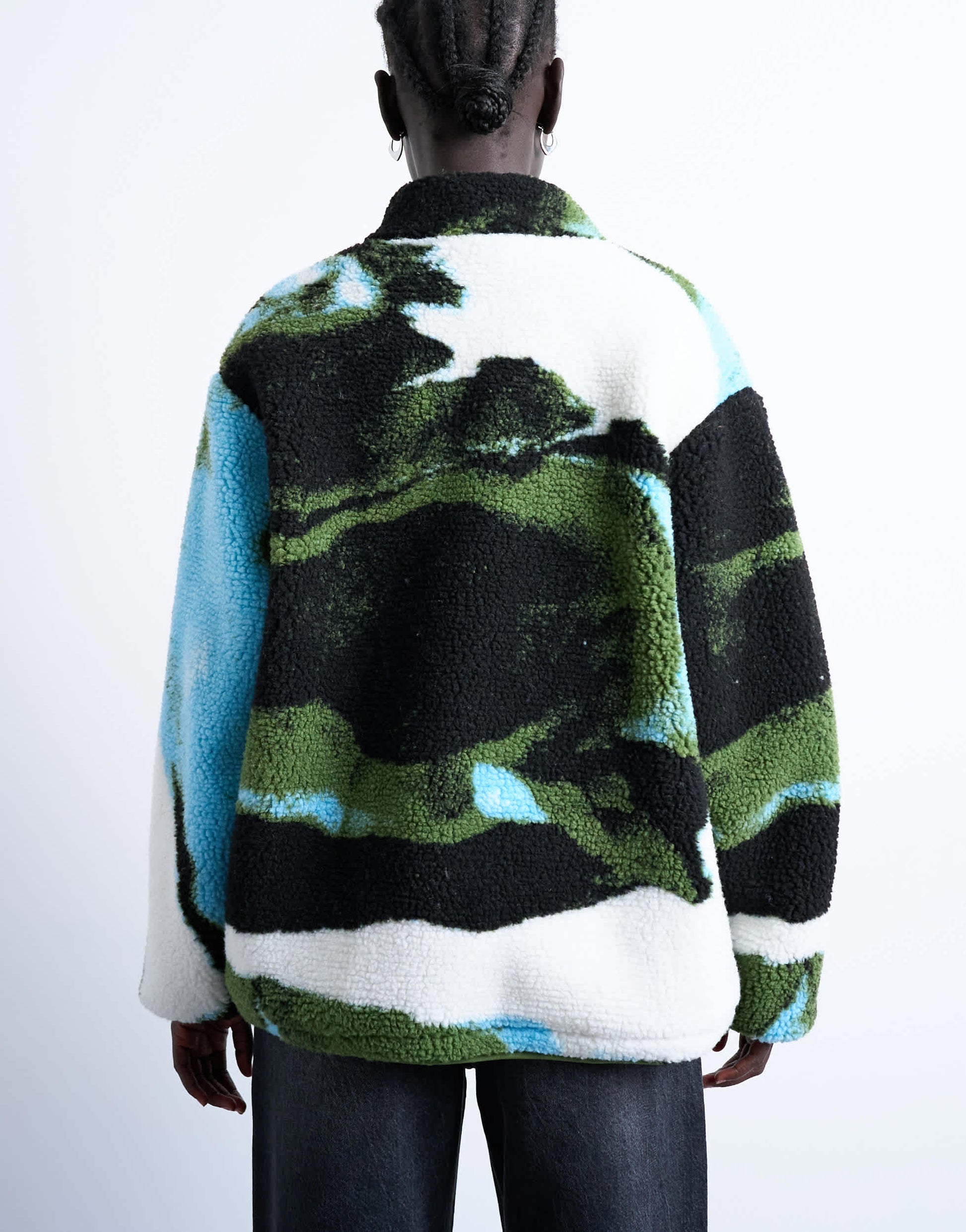 Topshop abstract trend printed borg fleece jacket in multi