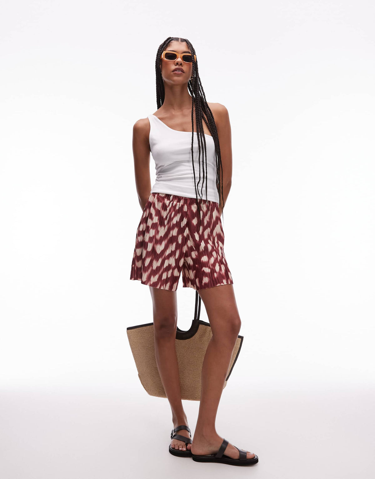 Topshop abstract animal plisse wide leg shorts in burgundy