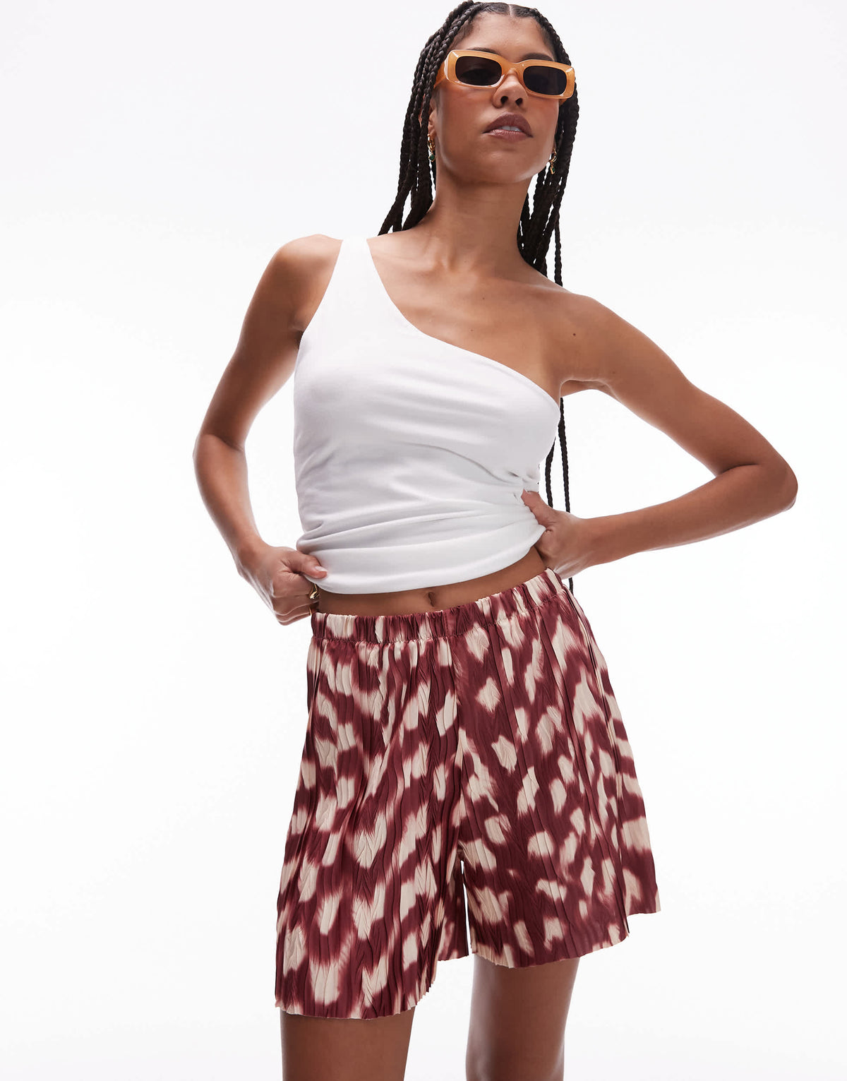 Topshop abstract animal plisse wide leg shorts in burgundy