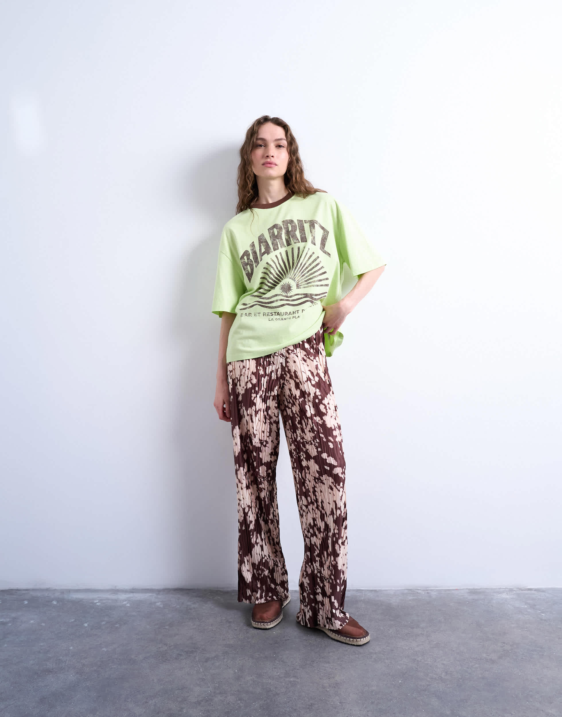 Topshop abstract animal print plisse trousers in brown