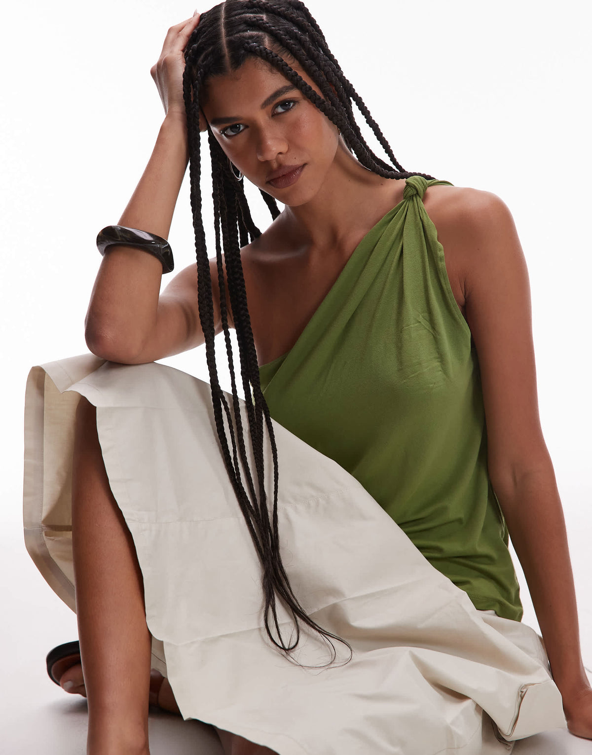 Topshop knot detail one shoulder top in khaki