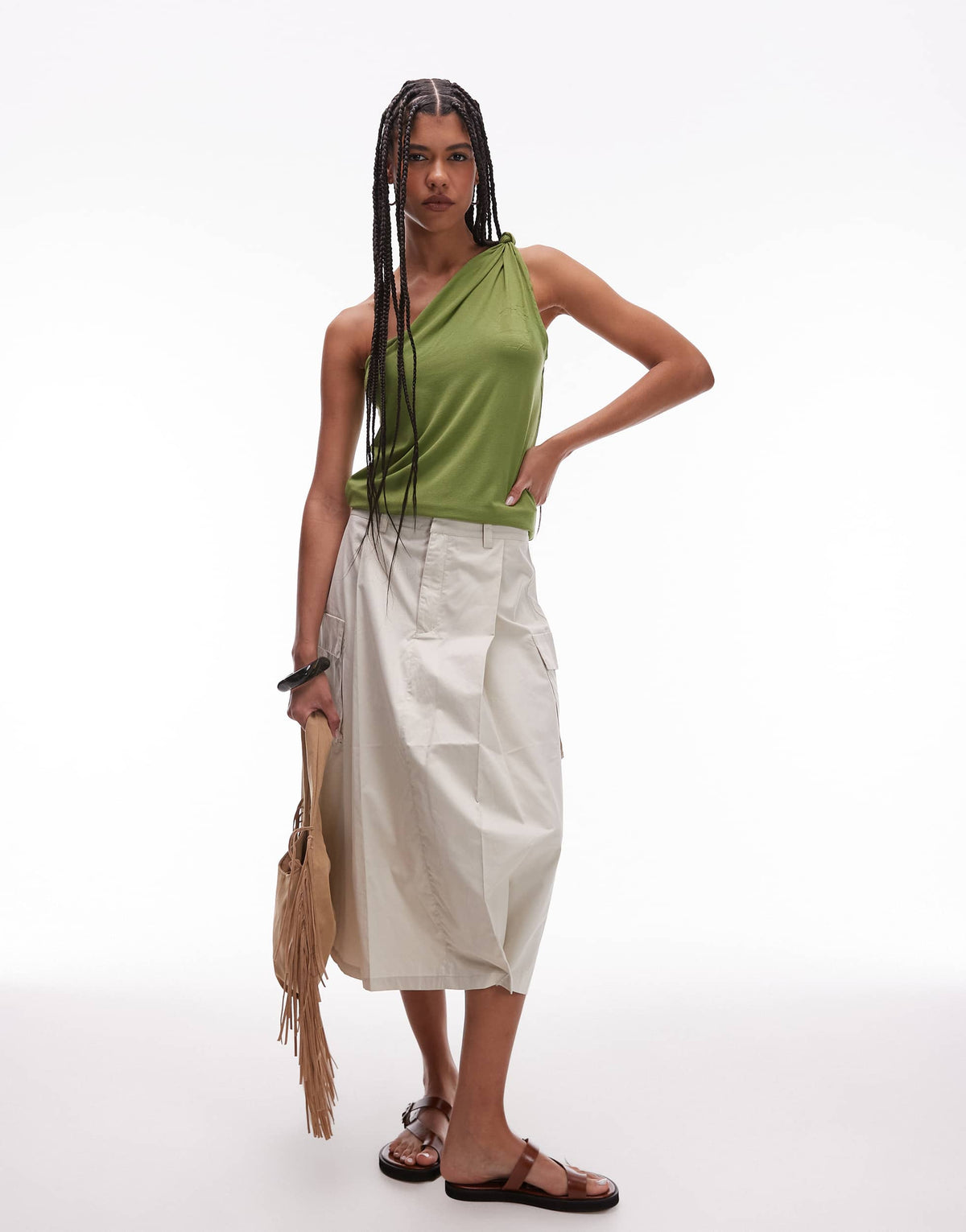 Topshop knot detail one shoulder top in khaki