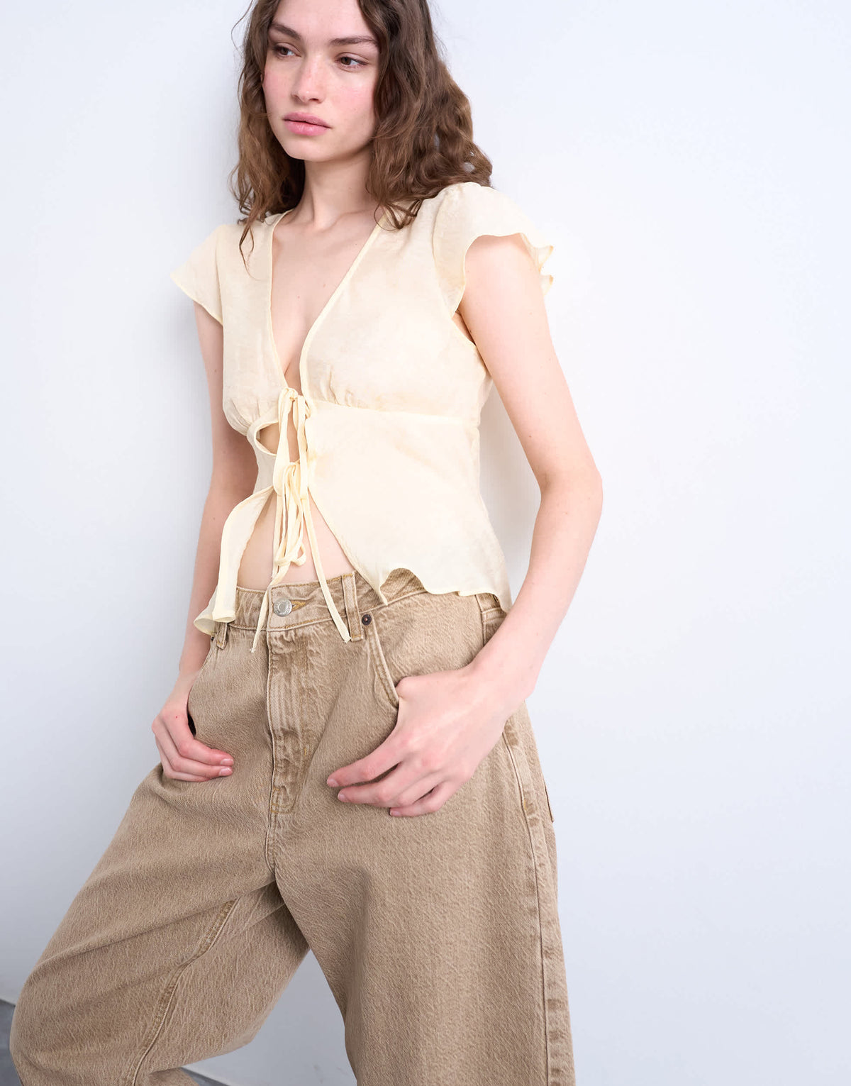 Topshop tie front top in buttermilk