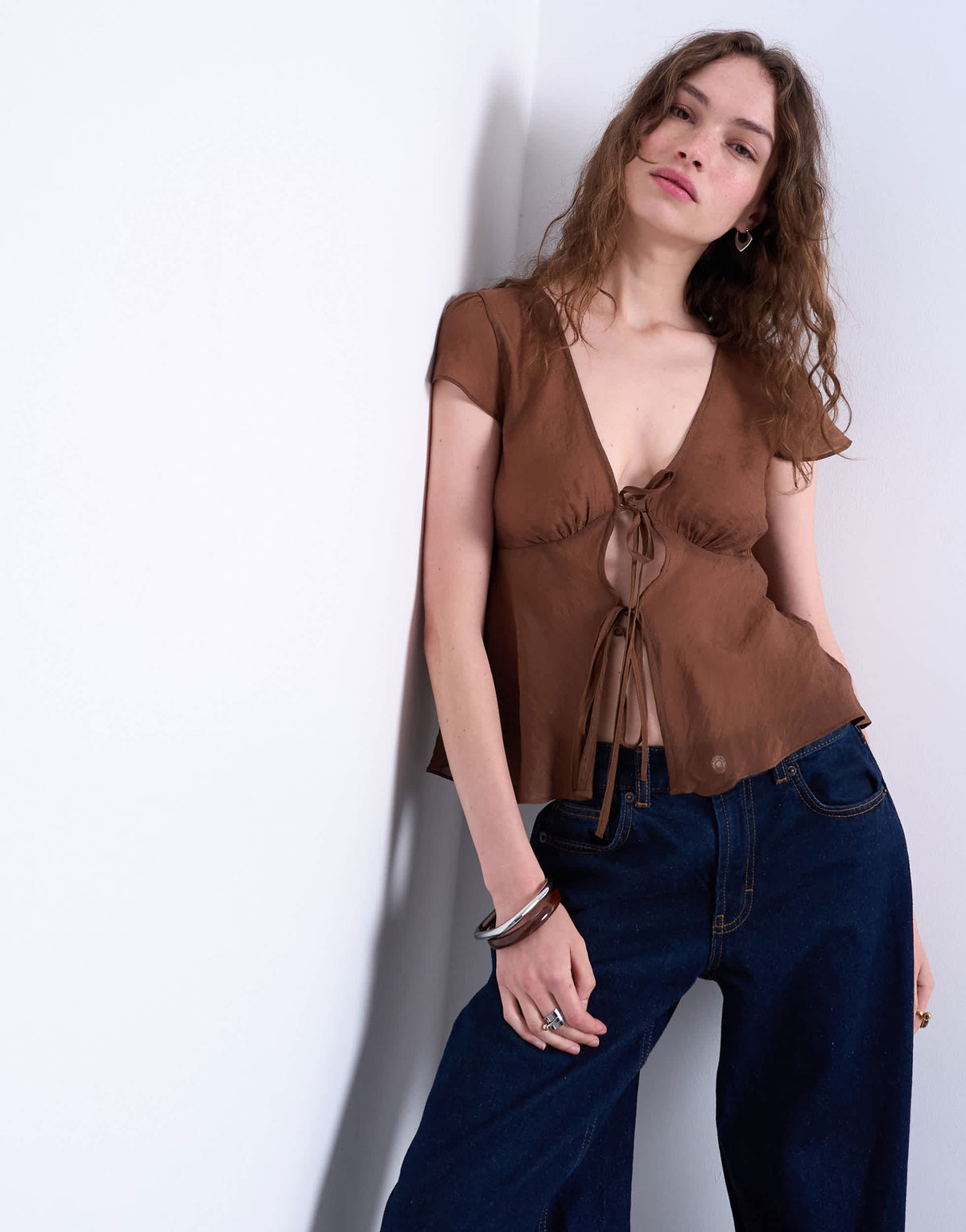 Topshop tie front top in brown
