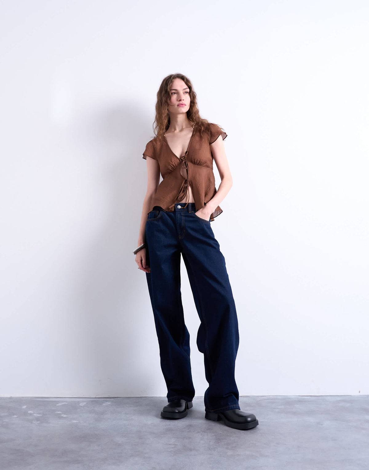 Topshop tie front top in brown
