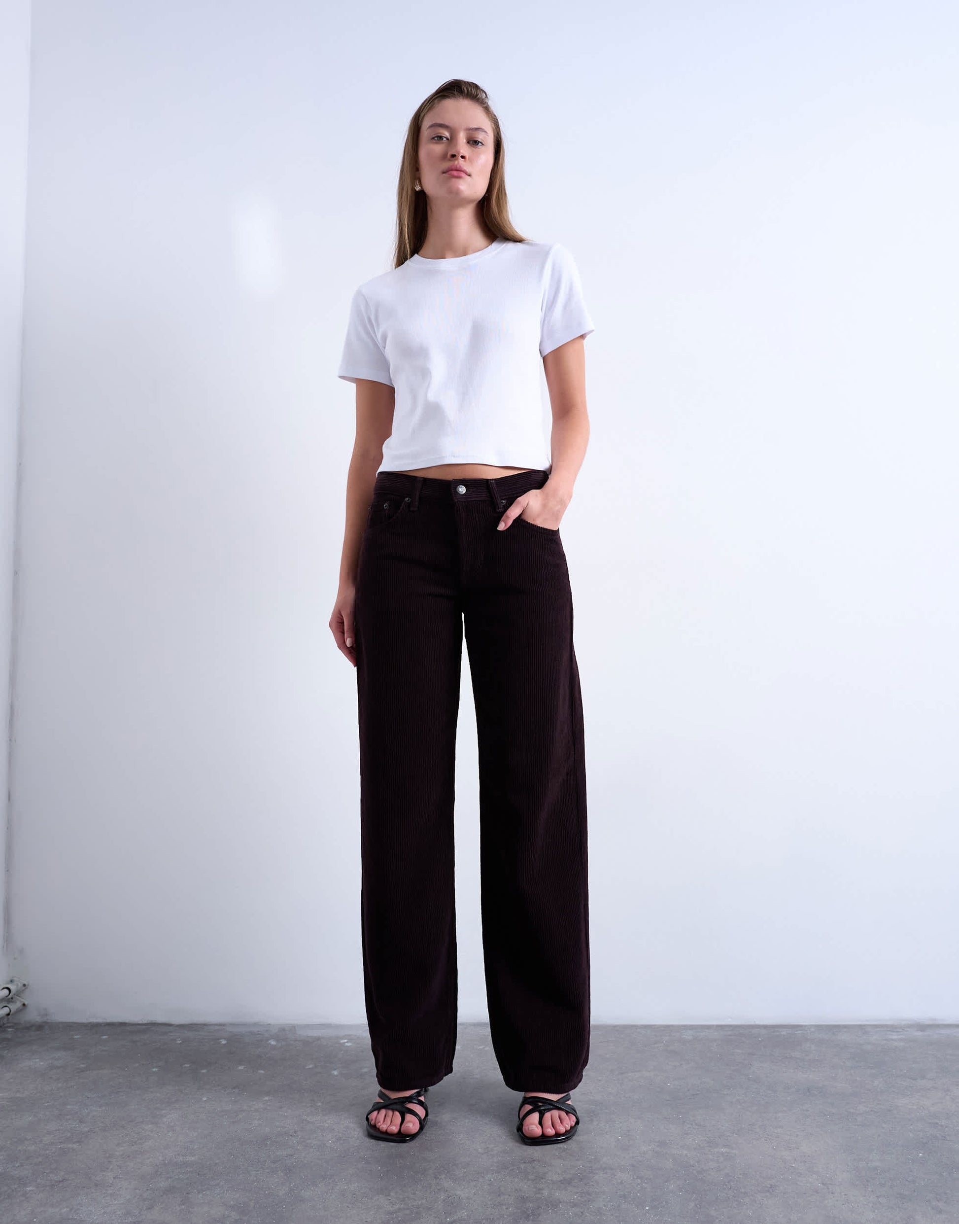 Topshop Ember low rise cord straight leg jeans in bitter chocolate