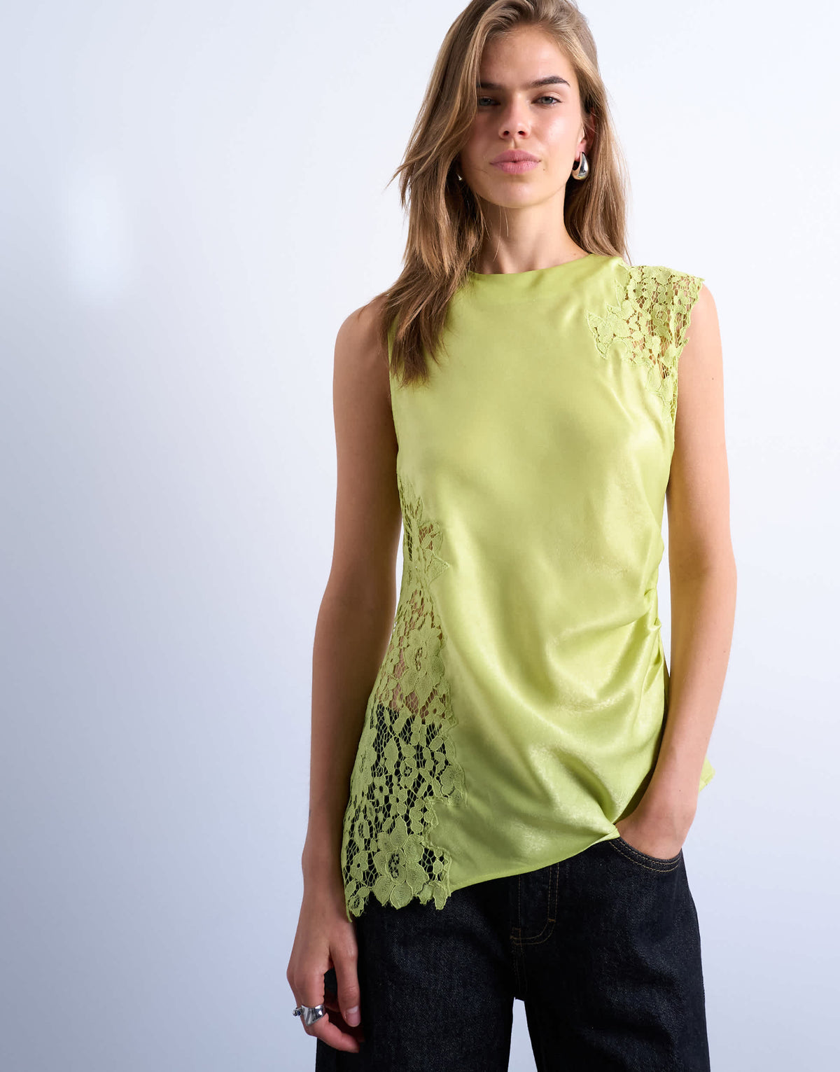 Topshop lace insert grown on shoulder top in lime