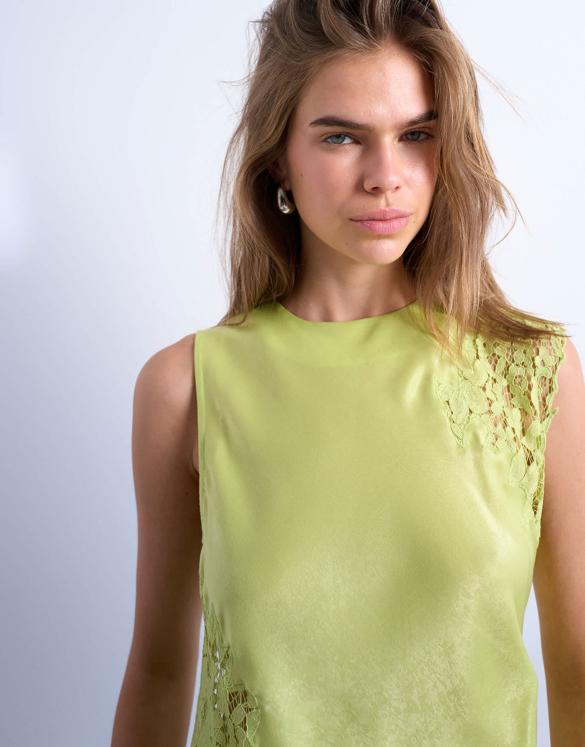 Topshop lace insert grown on shoulder top in lime