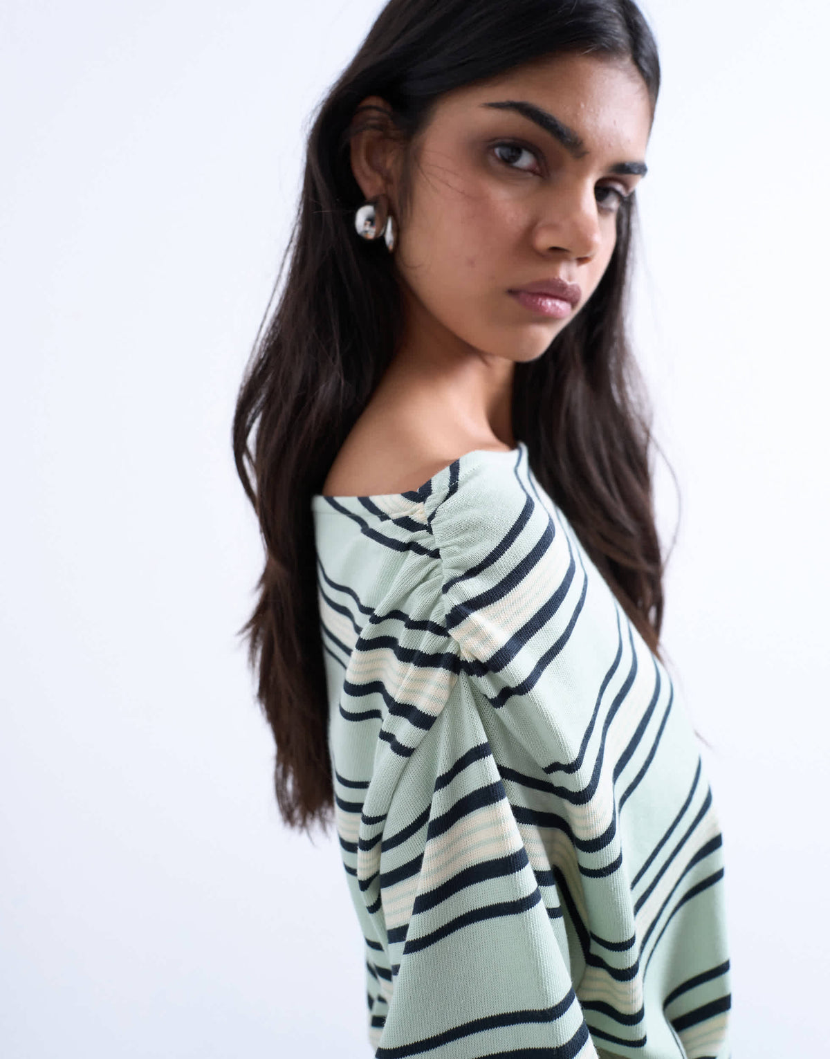 Topshop jersey stripe asymmetrical long sleeve top in green stripe