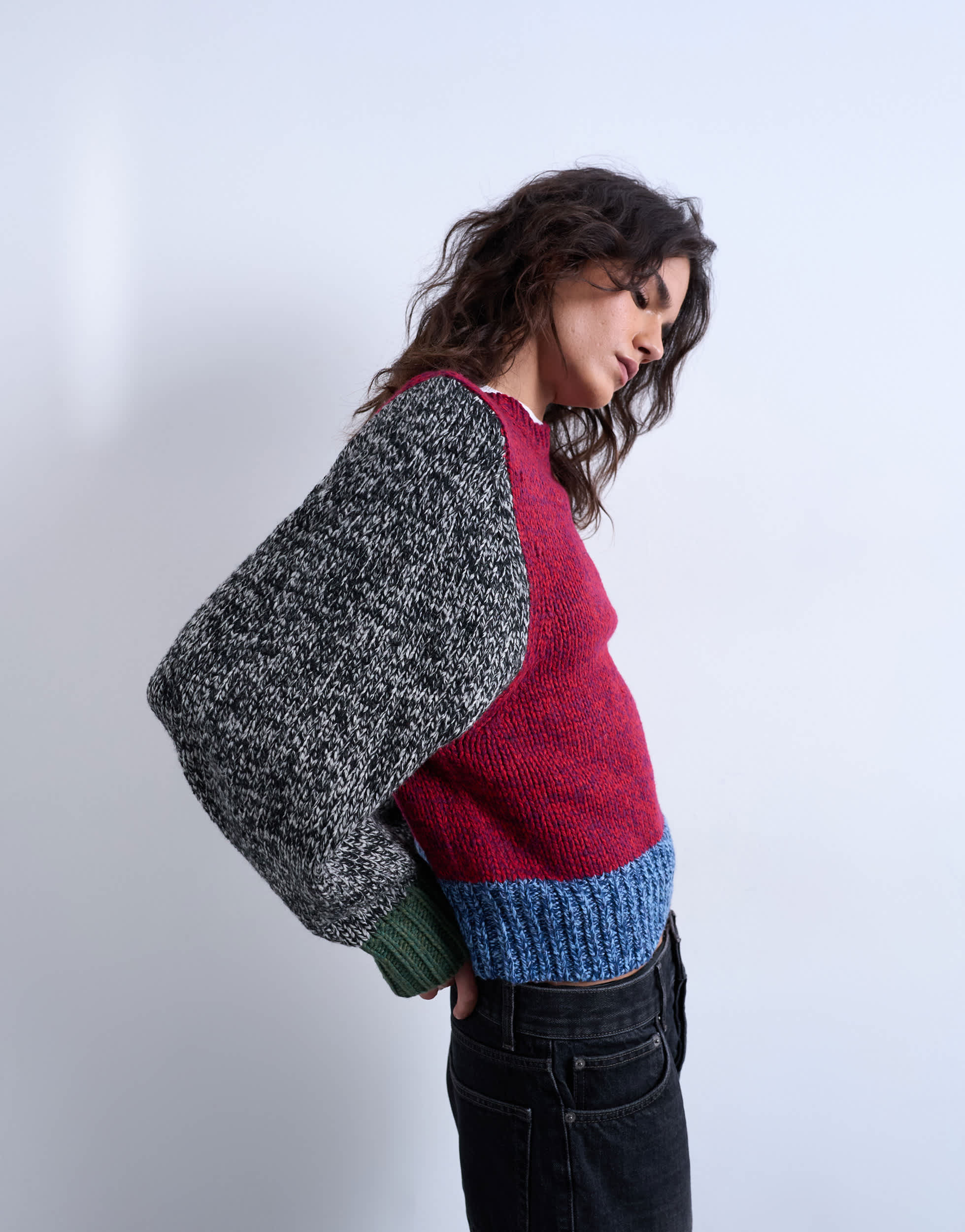 Topshop Strickpullover aus gedrehtem Garn mit Patchwork- und voluminösen Ärmeln