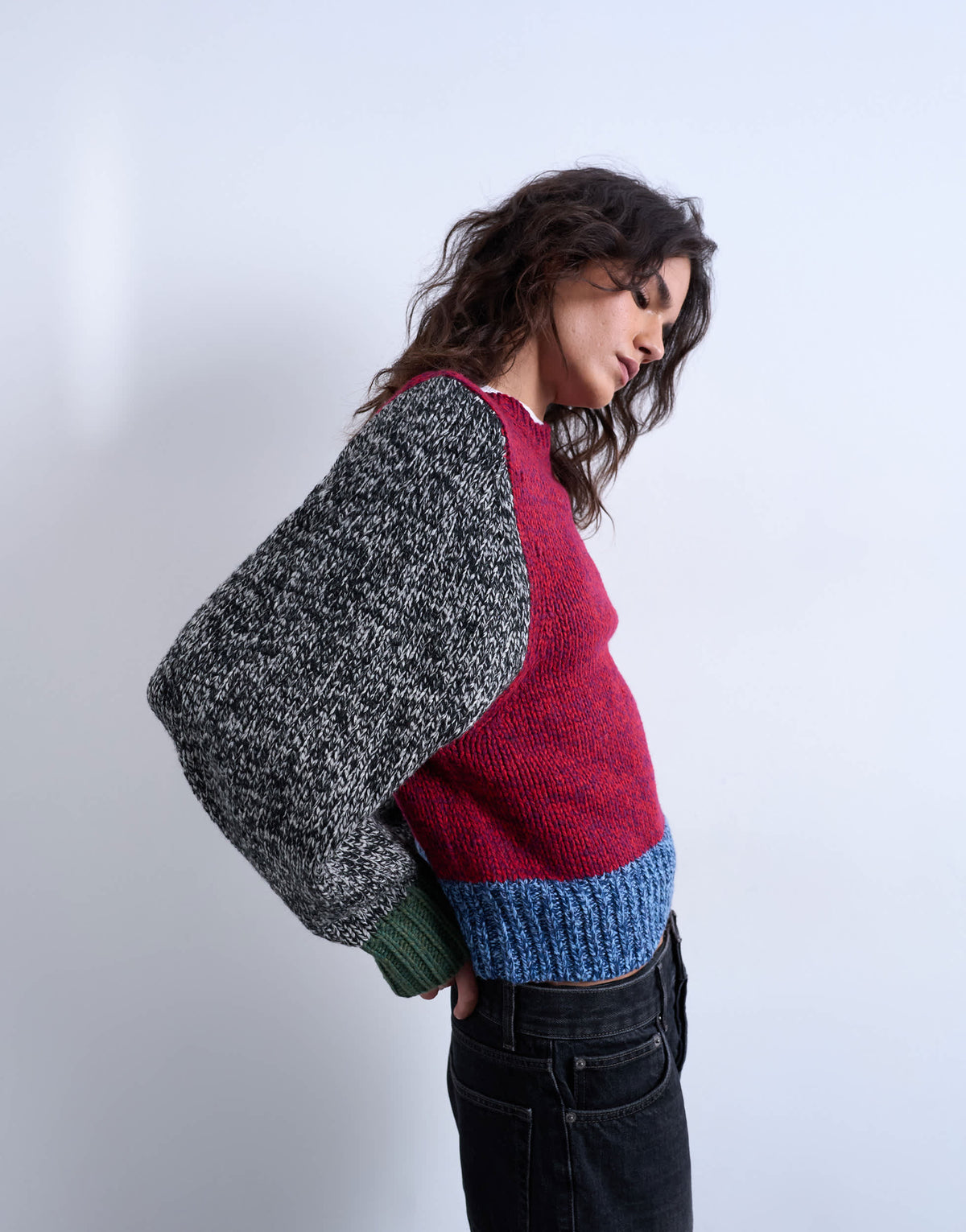 Topshop knitted twist yarn patchwork volume sleeve jumper