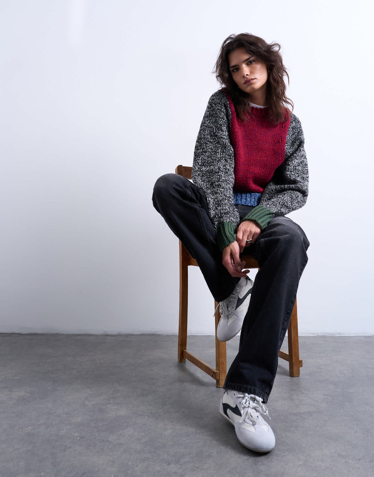 Topshop knitted twist yarn patchwork volume sleeve jumper
