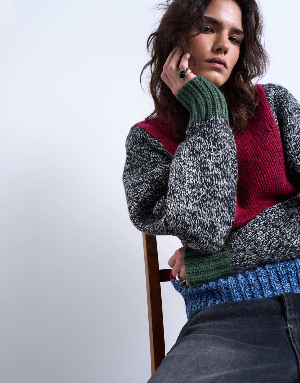 Topshop knitted twist yarn patchwork volume sleeve jumper