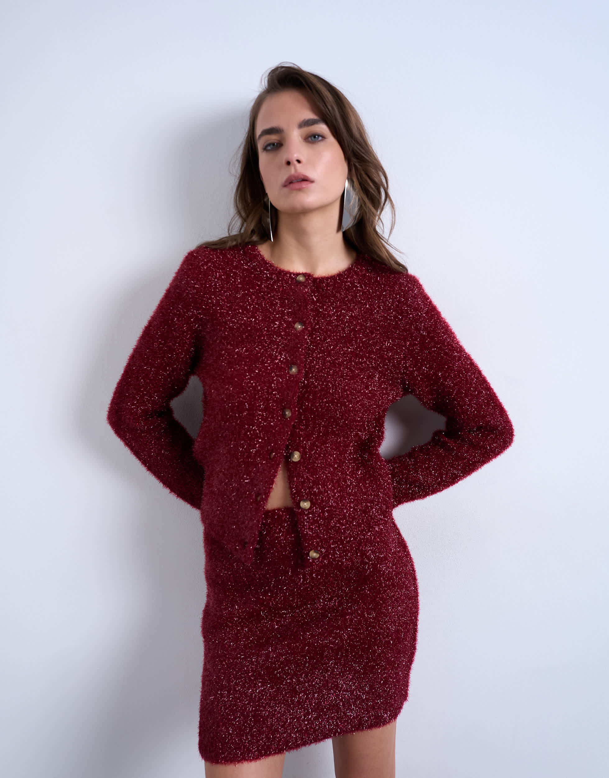 Topshop knitted tinsel cardigan in burgundy