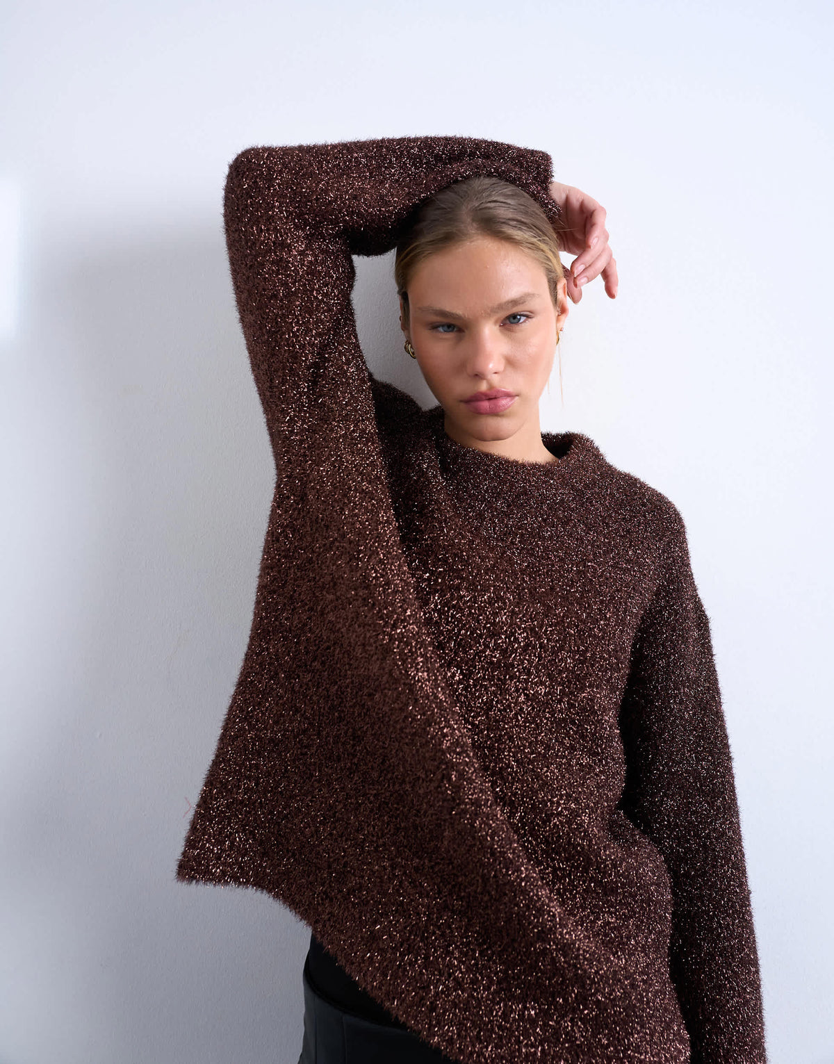 Topshop knitted oversized tinsel wide sleeve jumper in brown