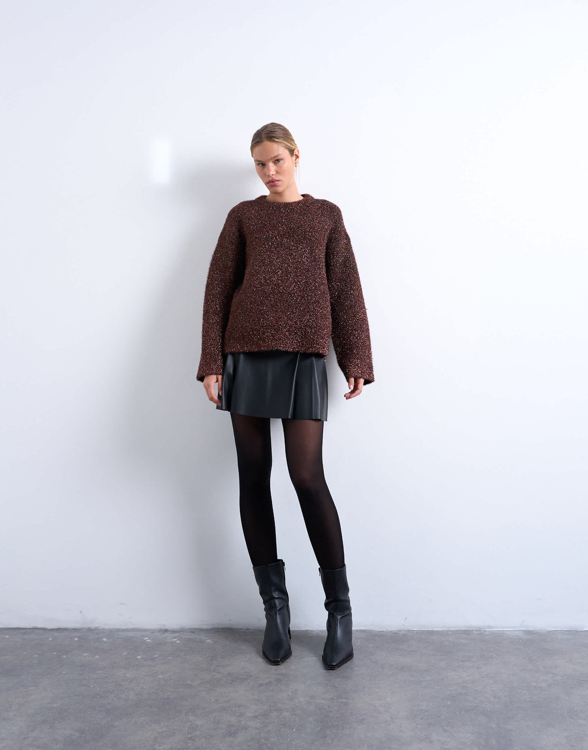 Topshop knitted oversized tinsel wide sleeve jumper in brown